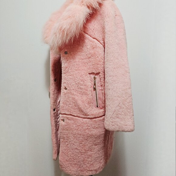 NewReal Merino Sheepskin Shearling Coat Jacket Lamb Fur Cherry Blossom Baby Pink - Picture 3 of 6